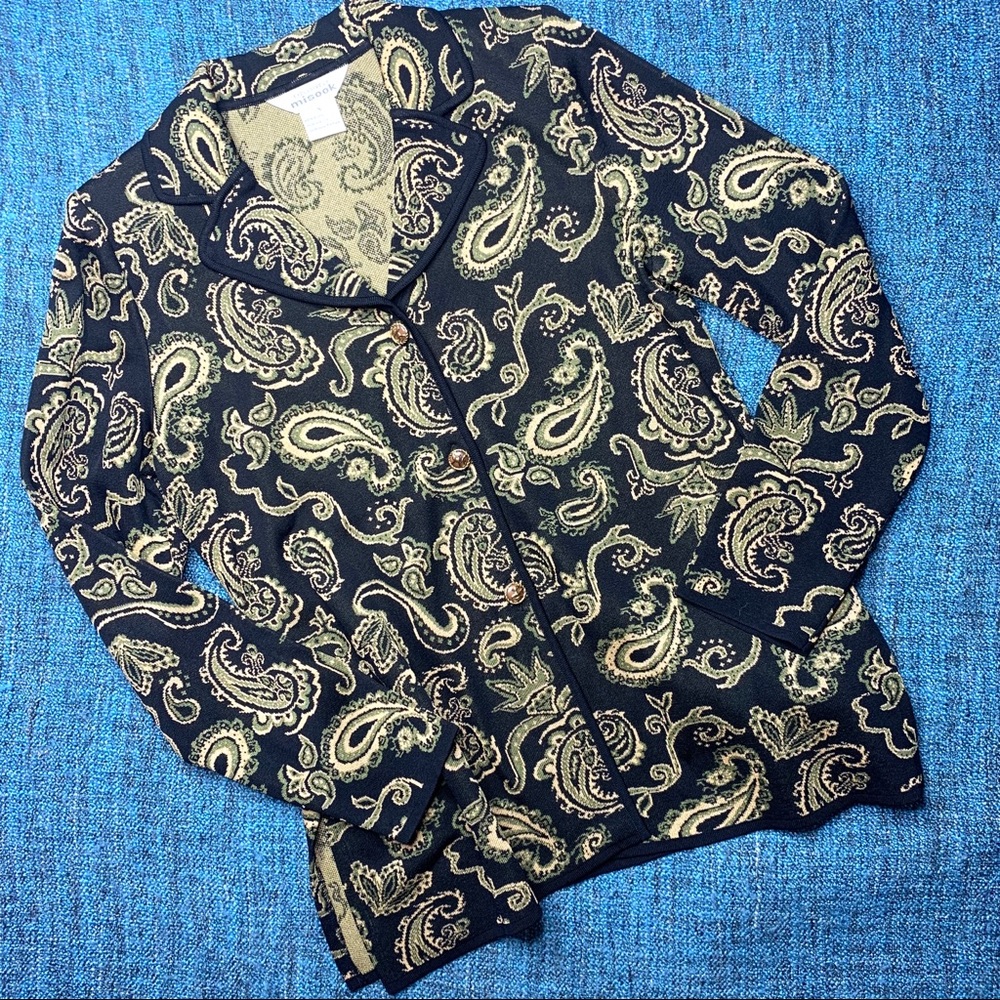 Exclusively Misook Paisley Pattern Long Cardigan Sweater Women's Small in Black